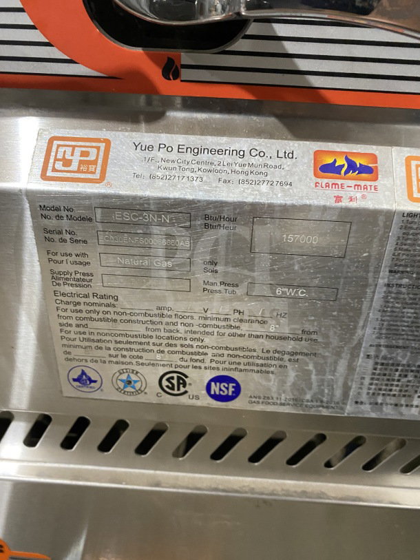 FlameMate ESC3NN stainless steel steam cabinet with 3 compartments, natural gas powered, model ESC-3N-N, SN: EC030ENFS00066660AB. NSF certified.