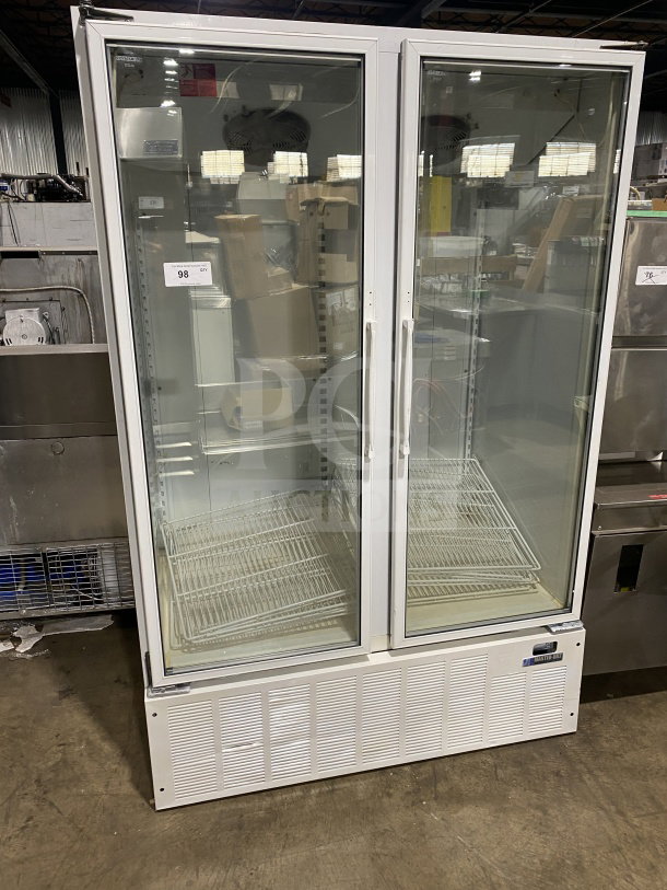 Master Bilt BLG48HD commercial 2-door glass freezer/refrigerator with poly coated wire rack, model SN 022414, 115V, 1 phase.