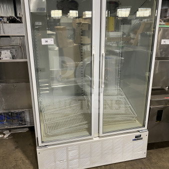 Master Bilt BLG48HD commercial 2-door glass freezer/refrigerator with poly coated wire rack, model SN 022414, 115V, 1 phase.