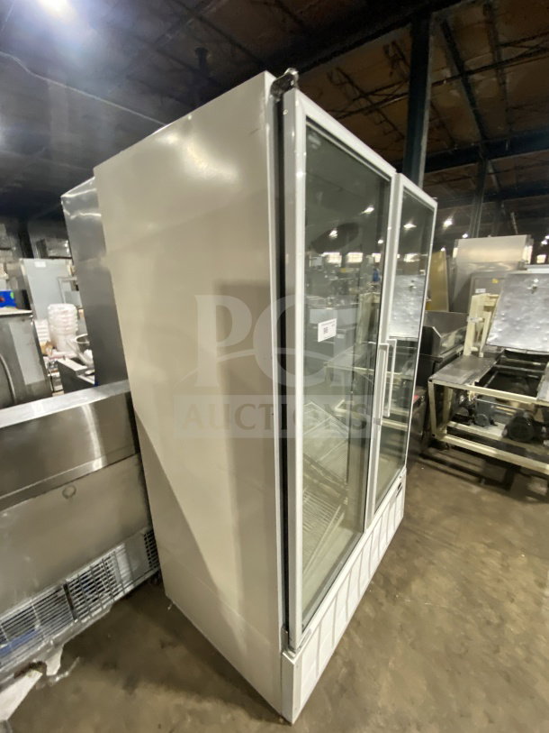 Master Bilt BLG48HD 2-door glass freezer/refrigerator merchandiser, poly-coated rack, 115V, 1 Phase, commercial use.