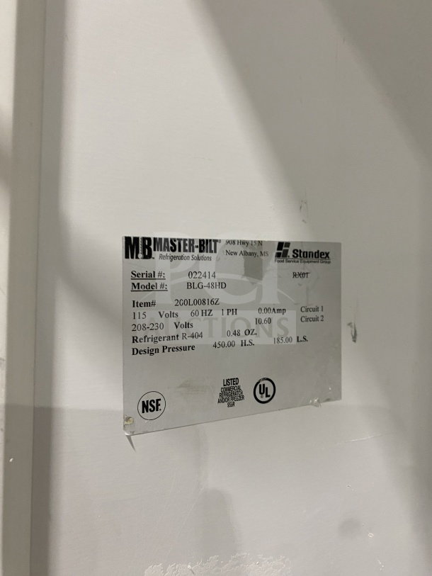 Master Bilt BLG48HD commercial 2-door freezer/refrigerator, 115V, 1 phase, poly coated rack, serial# 022414, NSF listed.