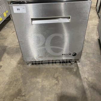 Fagor stainless steel undercounter refrigerator, model FUR-27, on casters, with poly-coated wire rack. Serial: 07070051M.