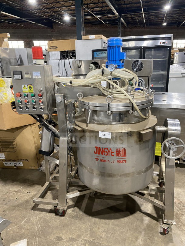 Jingye commercial stainless steel automatic high pressure cooker with Unifiller depositor, on casters, control panel visible.