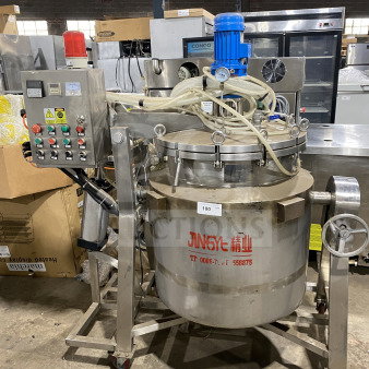 Jingye commercial stainless steel automatic high pressure cooker with Unifiller depositor, on casters, control panel visible.