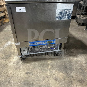 IRINOX EF20.1 stainless steel blast chiller and shock freezer on casters, 208V, 2-phase. Model and serial number visible.