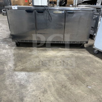 Beverage-Air WTR72AY 72" stainless steel 3-door refrigerator, electric, on casters, commercial use, solid flat-top.