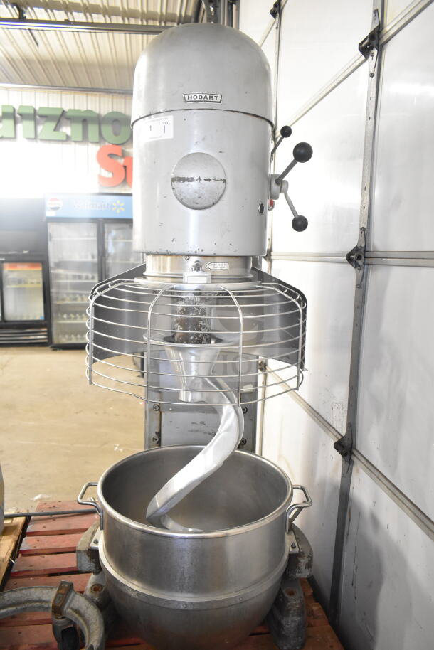 Hobart M802 80 Qt Dough Mixer with bowl, dolly, guard, and hook. 200V, 3-phase, sturdy, used condition.