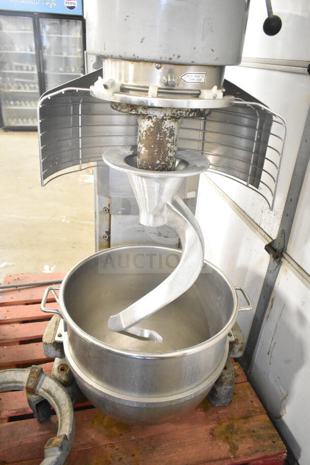 Hobart M802 80 Quart Dough Mixer with bowl, dolly, guard, and hook. 200V, 3 Phase. Visible wear on mixer arm and base.