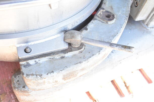 Hobart M802 dough mixer base detail, metal lever shown. Exhibits signs of use, fits 80-quart bowl.
