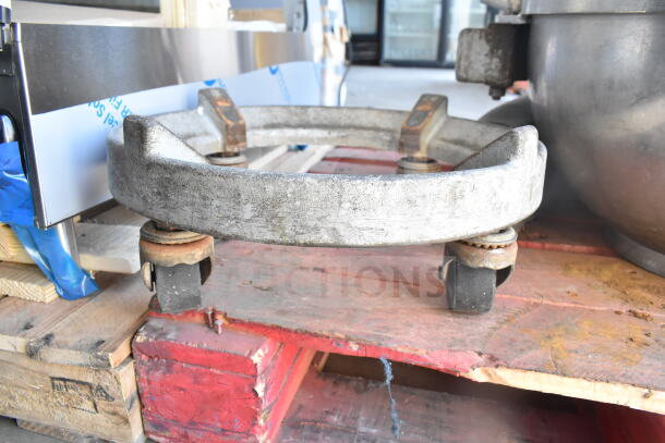 Hobart M802 bowl dolly, metal frame, caster wheels, for 80-quart mixer. Used condition, supports heavy mixing bowls.