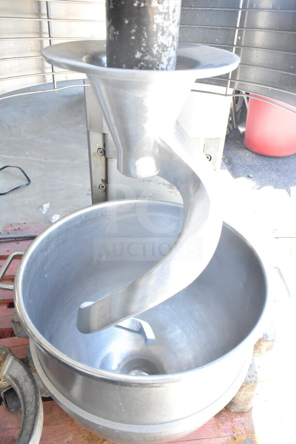 Hobart M802 80-quart dough mixer with mixing bowl, bowl dolly, guard, and dough hook. 200V, 3-phase.