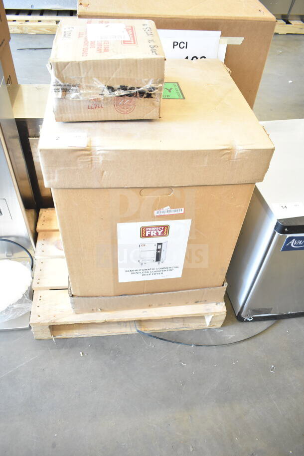 2024 Perfect Fry PFC730 ventless countertop deep fryer, new scratch and dent. 240V, 3 phase. Box with labels visible.