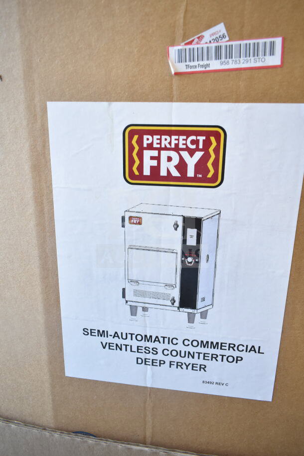 Brand new Perfect Fry PFC730 ventless countertop deep fryer box, model PFC730. Semi-automatic, 240V, 3 phase, slight scratches.