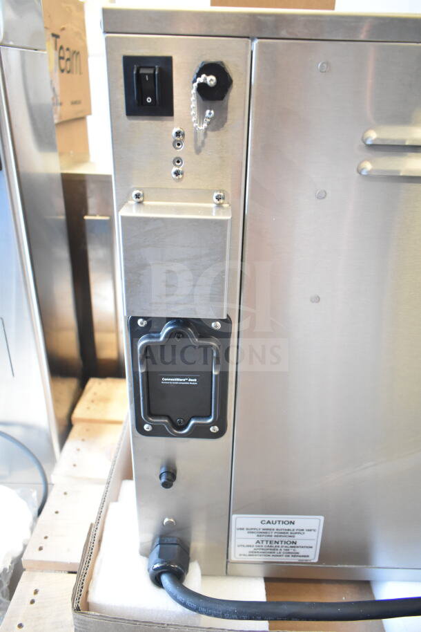 Brand new Perfect Fry PFC730 semi-automatic ventless deep fryer with visible caution label, 240V, 3 phase.