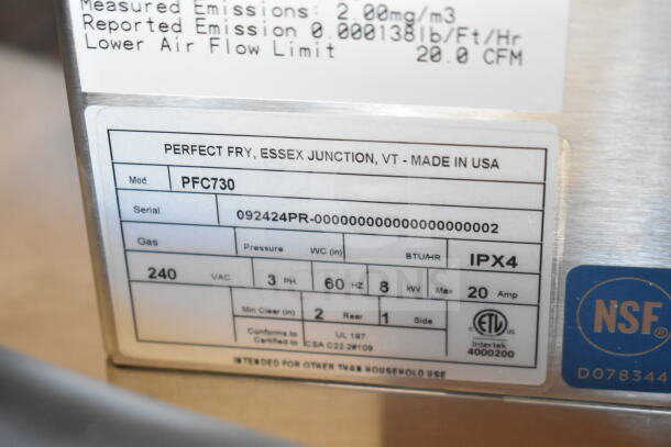 Brand new Perfect Fry PFC730 semi-automatic ventless countertop deep fryer, 240V, 3-phase. Label shows emissions data.