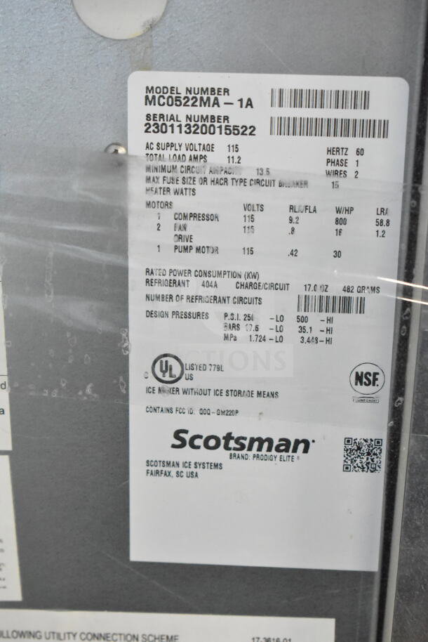 Scotsman MC0522MA-1A Prodigy Elite ice machine label, showing model, serial number, voltage, certifications, and brand details.