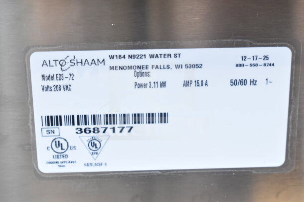 Alto Shaam ED3-72 label showing model, 208V, 3.11kW power, 15A current, UL listed. Located in Menomonee Falls, WI.