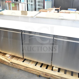 Brand new Avantco 178SSPPT3 commercial pizza prep table, stainless steel, 115V, scratch and dent condition.
