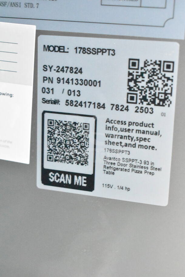 Label for 2025 Avantco 178SSPPT3 Commercial Pizza Prep Table, 115V, 1 Phase. Includes model, serial, and QR code details.