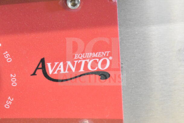 "Avantco 177EG60C griddle label, showing brand logo and temperature settings, indicating it’s 208V, 3-phase unit."