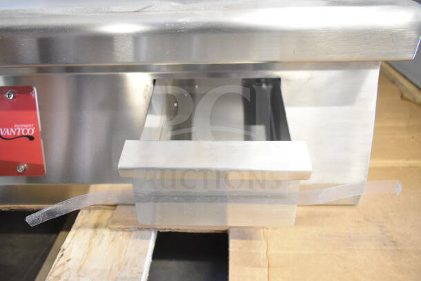 Avantco 177EG60C 60" electric countertop griddle, brand new with minor scratches and dents. Model tag visible.