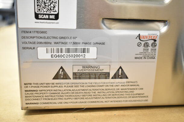 Brand new Avantco 177EG60C 60" electric countertop griddle, 208V, 3-phase. Scratch and dent condition with warning labels.