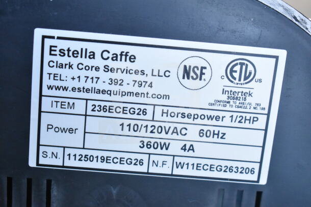 Estella 236ECEG26 Espresso Grinder label showing power specs: 110/120VAC, 60Hz, 360W, 1/2HP. Brand new, scratch and dent.