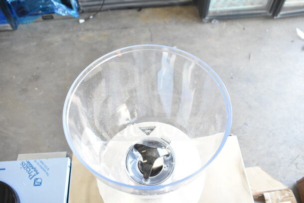 BRAND NEW 2025 Mahlkonig E80W GBS white espresso grinder, visible grind bin opening, "Scratch and Dent" condition, 120V.