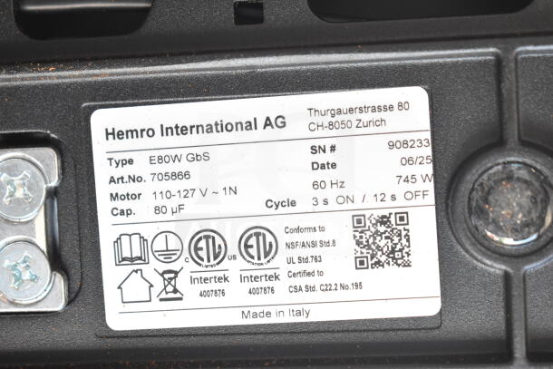 Hemro International AG label on Mahlkonig E80W GBS espresso grinder, model E80W, 110-127V, 60Hz, 745W, made in Italy.
