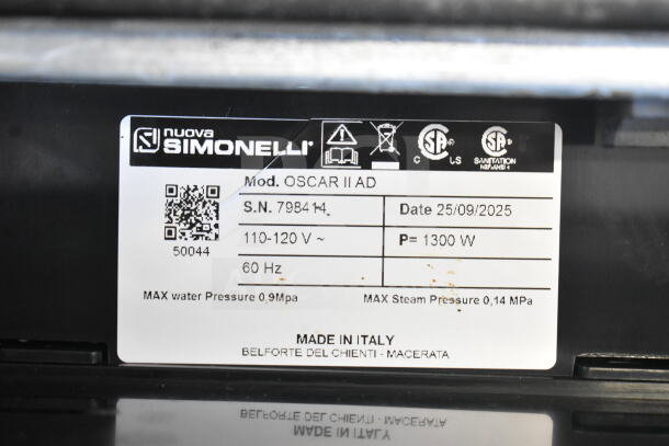 Nuova Simonelli OSCAR II AD Black Espresso Machine label, 1300W, 110-120V, 60Hz, made in Italy, brand new condition.