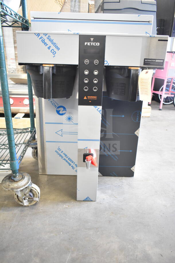Brand new 2025 Fetco CBS-1252 Plus Series twin automatic digital coffee brewer with plastic brew basket, labeled as scratch and dent.