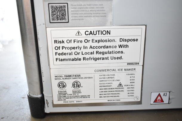 BRAND NEW Avantco 194MCF430A Ice Machine, 397 lb. capacity, 115V, 1 Phase. "Scratch and Dent" condition. Safety labels shown.