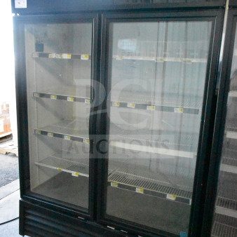 2019 True GDM-49-HC 2-door reach-in cooler merchandiser, 115 volts, 1 phase, tested and working, with "Cold Beer" signage.