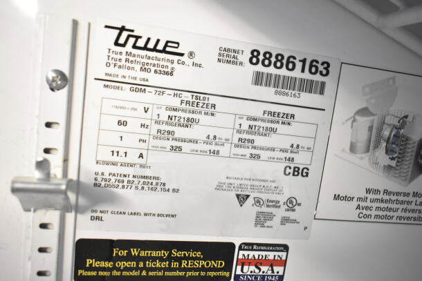 2016 True GDM-72F-HC commercial freezer label showing model, compressor specs, refrigerant type, and manufacturing details.