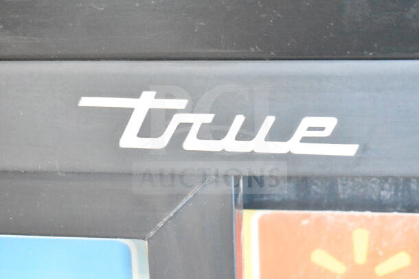 True logo on 2019 GDM-41SL-48-HC-LD Commercial 2 Door Reach In Cooler Merchandiser, black frame.