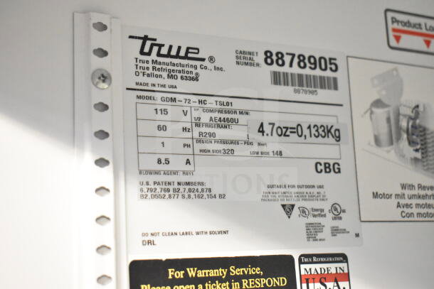 2016 True GDM-72-HC cooler label detailing 115V, 1-phase power. Model and compressor info visible. Tested and working.