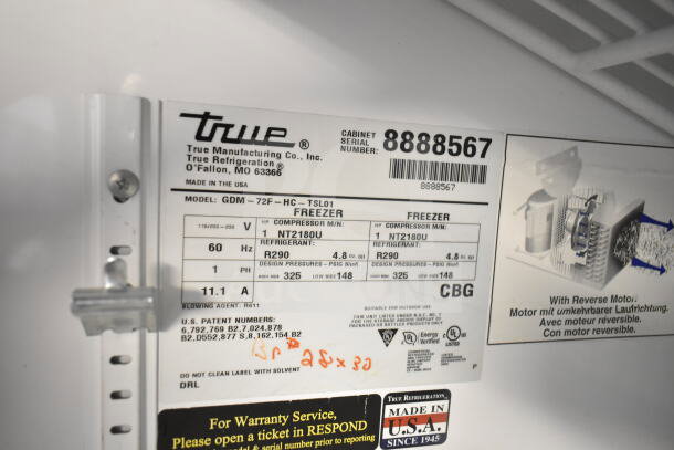 2016 True GDM-72F-HC Commercial Freezer label showing model, voltage, refrigerant, and manufacturing details.