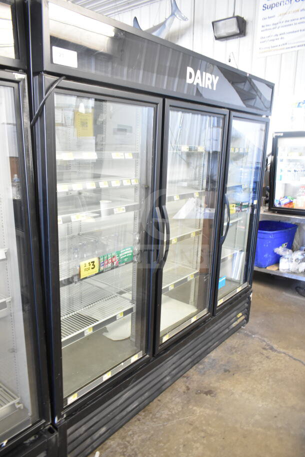 2016 True GDM-72-HC commercial 3-door reach-in cooler, 115 volts, tested and working, labeled for dairy products.