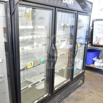 2016 True GDM-72-HC commercial 3-door reach-in cooler, 115 volts, tested and working, labeled for dairy products.