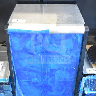 Brand new scratched KoolMore CDC-49-SS countertop bakery display fridge, 4 tiers, 24 in., blue protective wrap. 110-120V, 1 phase.