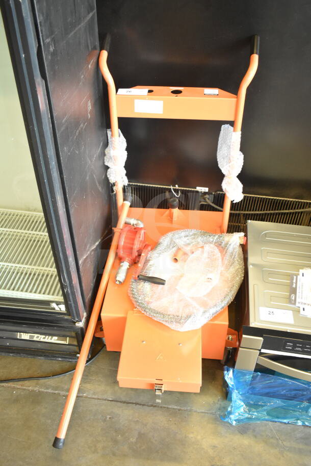 BRAND NEW SCRATCH AND DENT! Fryclone 259DISPL00 100 lb. Fryer Oil Disposal Unit, wrapped in bubble wrap, includes hoses and handles.