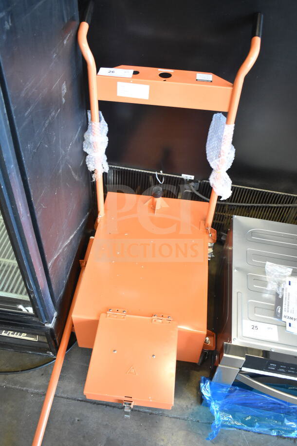 BRAND NEW Fryclone 259DISPL00 100 lb. fryer oil disposal unit. Scratch and dent; orange with protective wrap.