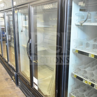 2018 True GDM-49-HC Commercial Cooler, 2 glass doors, 115V, 1 Phase, tested and working, black exterior, shelves visible.