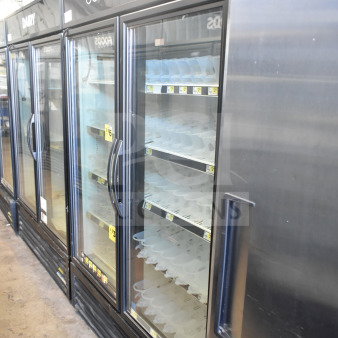 2016 True GDM-49-HC commercial cooler, 2 glass doors, 115V, 1 phase, tested and working, labeled "Cold Drinks."