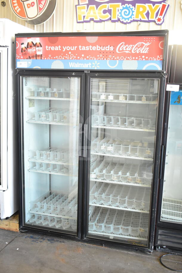 True GDM-52TM-RL-LD 2-door cooler merchandiser, tested and working, 115V, 1 phase, glass doors, in commercial setting.
