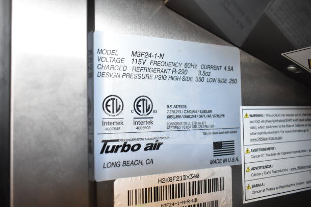 Turbo Air M3F24-1-N freezer label showing model, voltage 115V, ETL listed, made in USA.