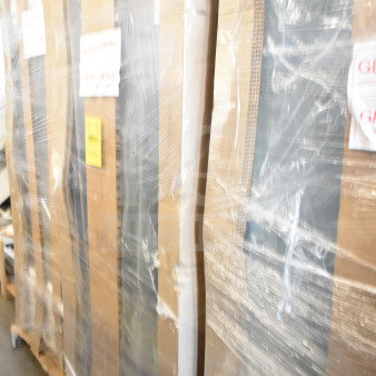 Auction item: Pallet of brand new scratch and dent items wrapped in plastic. Handwritten labels visible.