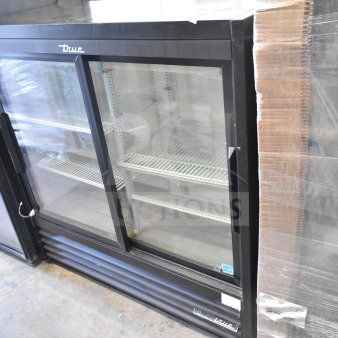 2024 True GDM-41SL-48-HC-LD Commercial 2 Door Reach-In Cooler, black finish, intact glass doors, 115 volts, 1 phase.