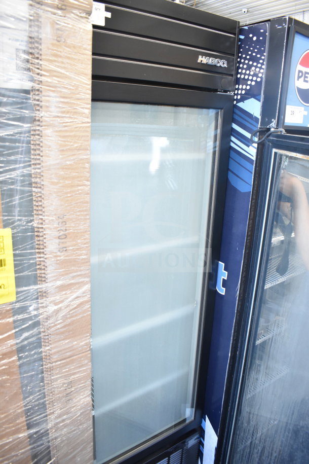 2019 Habco SE18 commercial single door reach-in cooler merchandiser, black finish, 115 volts, excellent condition.