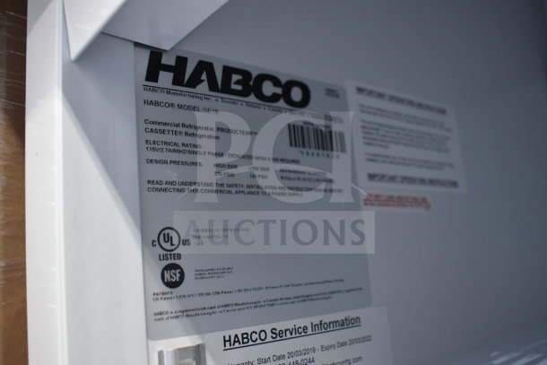 2019 Habco SE18 Commercial Single Door Cooler, 115V, 1 Phase, with UL and NSF labels, model info and service details visible.